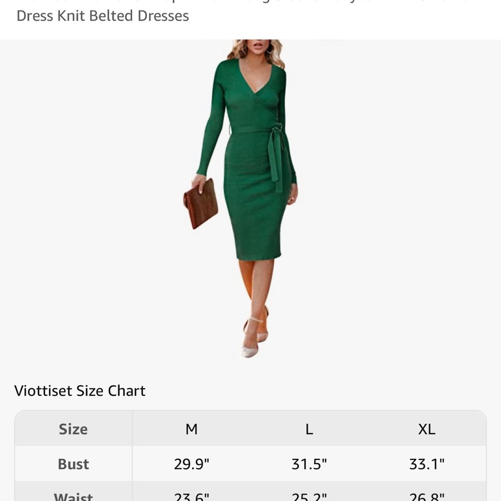 Women’s wrap neck long sleeve body con midi sweater dress knit belted dress S - Picture 8 of 8